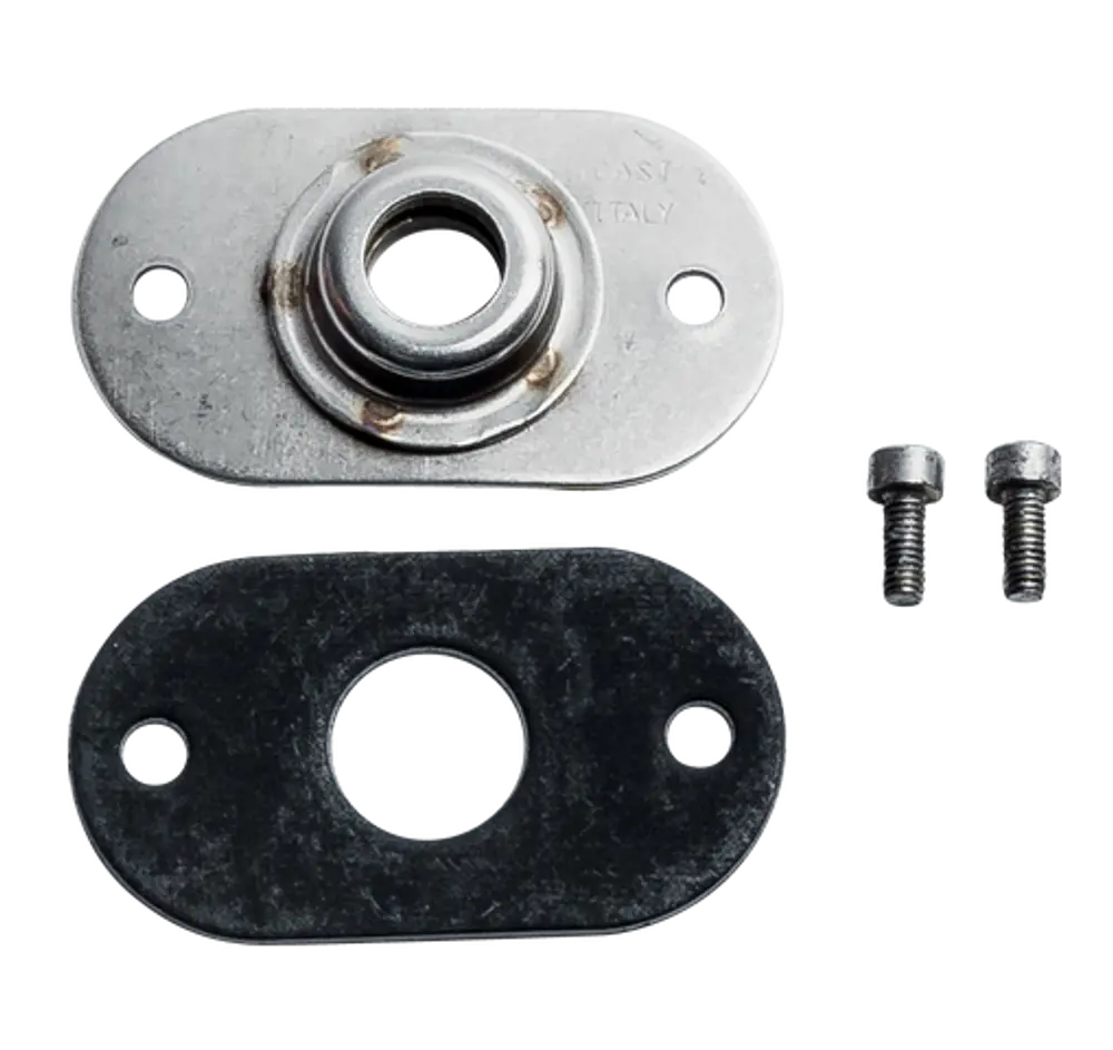 Schauglas mit zwei Metallplatten, einer silbernen und einer schwarzen, sowie zwei Schrauben. Produkt von Wolf, geeignet für spezifische Heizungsanwendungen.